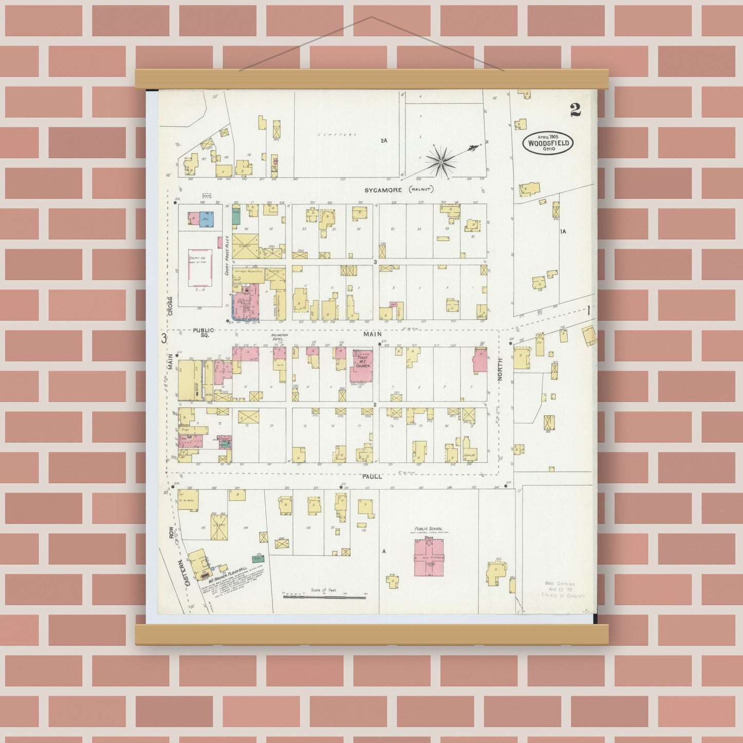 Old map wall art mockup — magnetic wood frame on brick wall — Sanborn Fire Insurance Map from Woodsfield, Monroe County, Ohio (1905), Sheet #0002