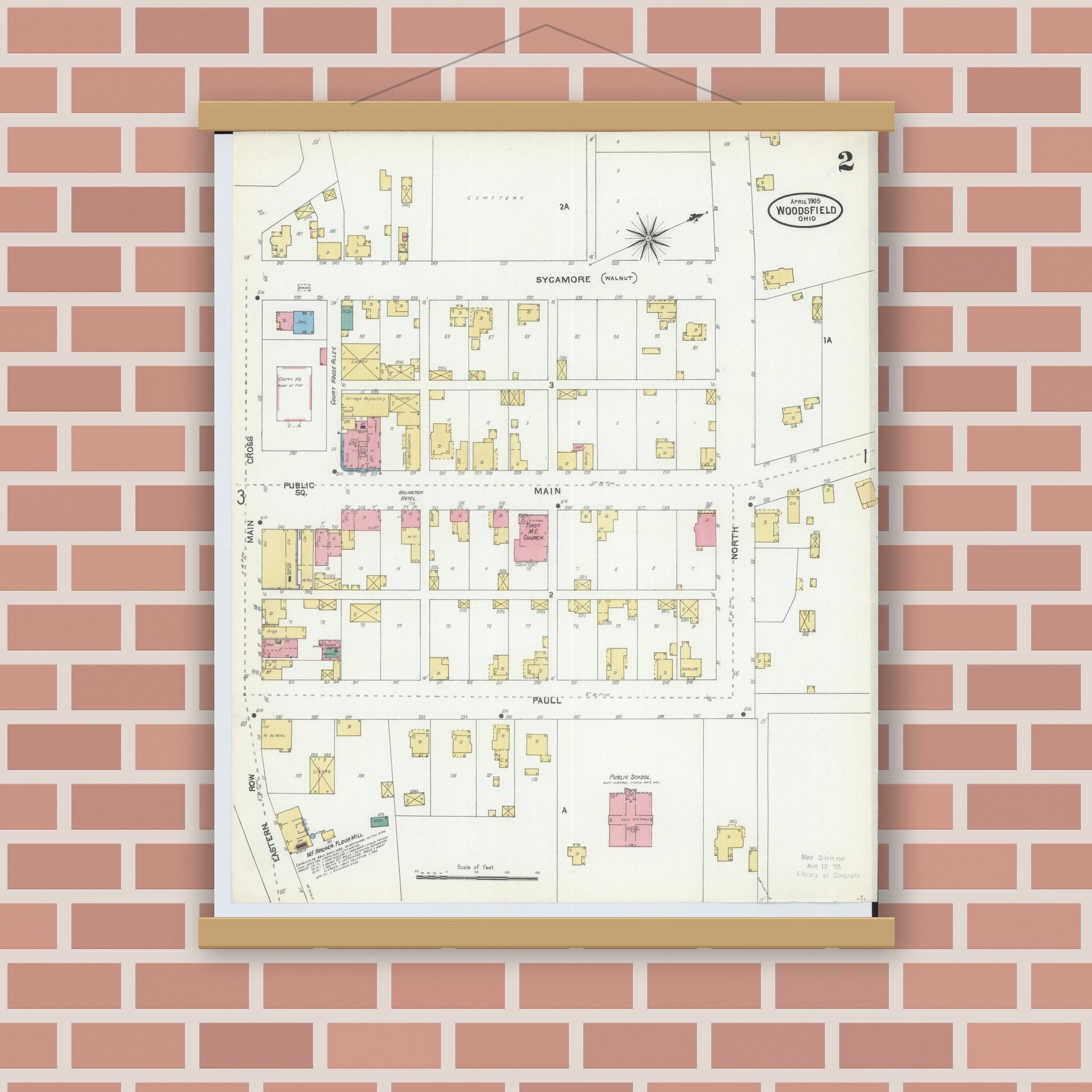 Old map wall art mockup — magnetic wood frame on brick wall — Sanborn Fire Insurance Map from Woodsfield, Monroe County, Ohio (1905), Sheet #0002
