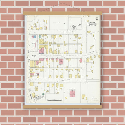 Old map wall art mockup — magnetic wood frame on brick wall — Sanborn Fire Insurance Map from Woodsfield, Monroe County, Ohio (1905), Sheet #0002