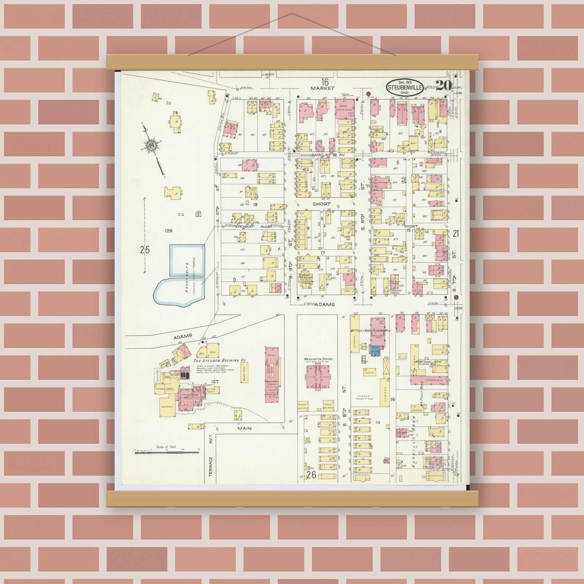 Old map wall art mockup — magnetic wood frame on brick wall — Sanborn Fire Insurance Map from Steubenville, Jefferson County, Ohio (1913), Sheet #0020