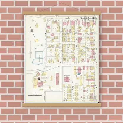 Old map wall art mockup — magnetic wood frame on brick wall — Sanborn Fire Insurance Map from Steubenville, Jefferson County, Ohio (1913), Sheet #0020
