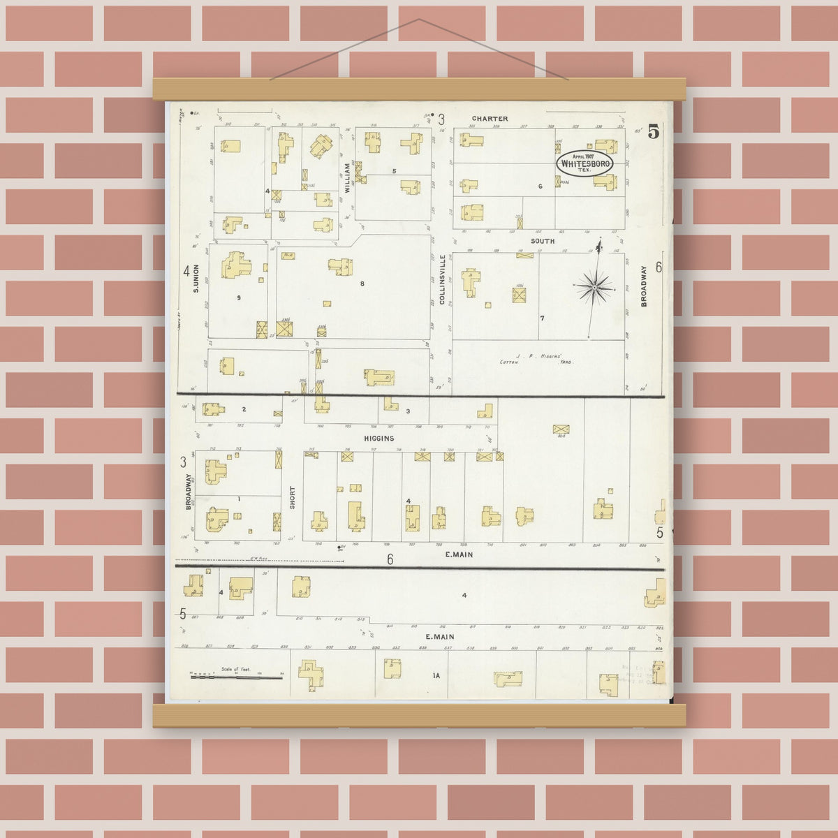 Old map wall art mockup — magnetic wood frame on brick wall — Sanborn Fire Insurance Map from Whitesboro, Grayson County, Texas (1907), Sheet #0005