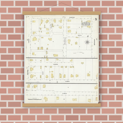 Old map wall art mockup — magnetic wood frame on brick wall — Sanborn Fire Insurance Map from Whitesboro, Grayson County, Texas (1907), Sheet #0005