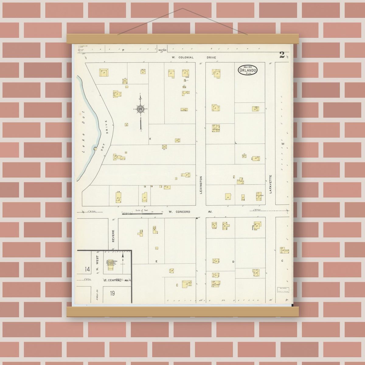 Old map wall art mockup — magnetic wood frame on brick wall — Sanborn Fire Insurance Map from Orlando, Orange County, Florida (1913), Sheet #0002