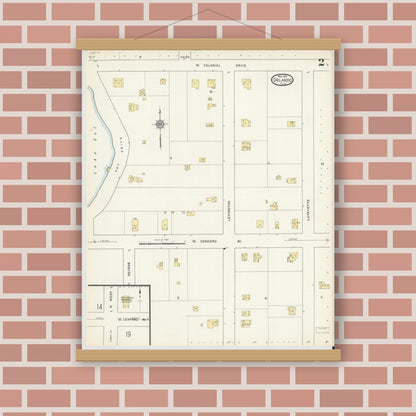 Old map wall art mockup — magnetic wood frame on brick wall — Sanborn Fire Insurance Map from Orlando, Orange County, Florida (1913), Sheet #0002
