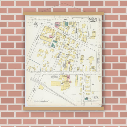 Old map wall art mockup — magnetic wood frame on brick wall — Sanborn Fire Insurance Map from Stoneham, Middlesex County, Massachusetts (1892), Sheet #0005