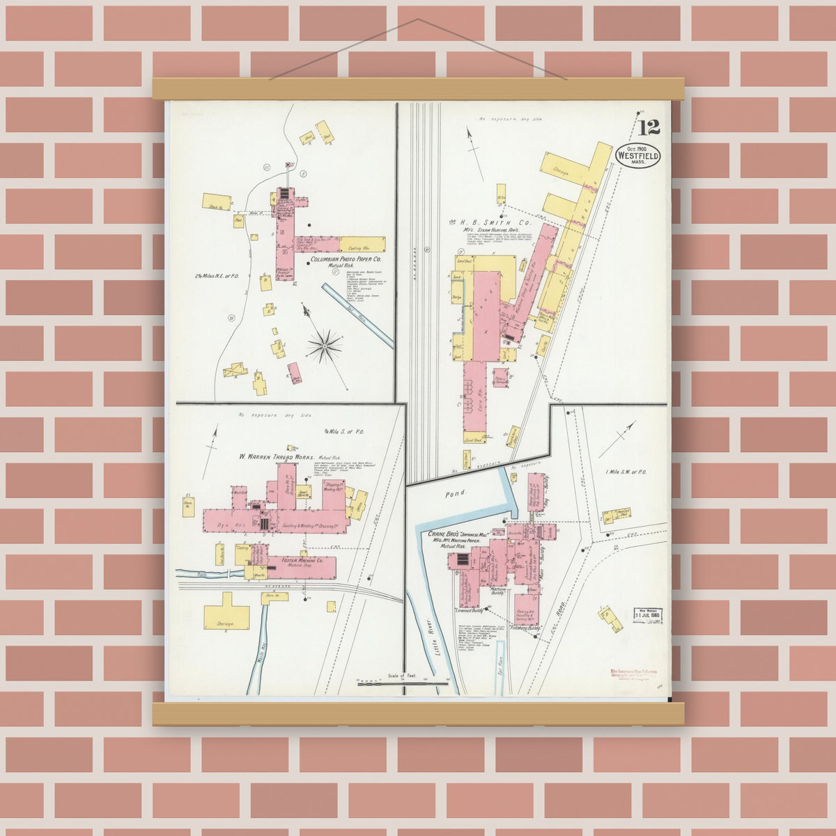 Old map wall art mockup — magnetic wood frame on brick wall — Sanborn Fire Insurance Map from Westfield, Hampden County, Massachusetts (1900), Sheet #0012