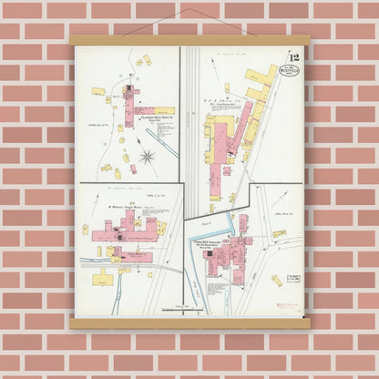 Old map wall art mockup — magnetic wood frame on brick wall — Sanborn Fire Insurance Map from Westfield, Hampden County, Massachusetts (1900), Sheet #0012