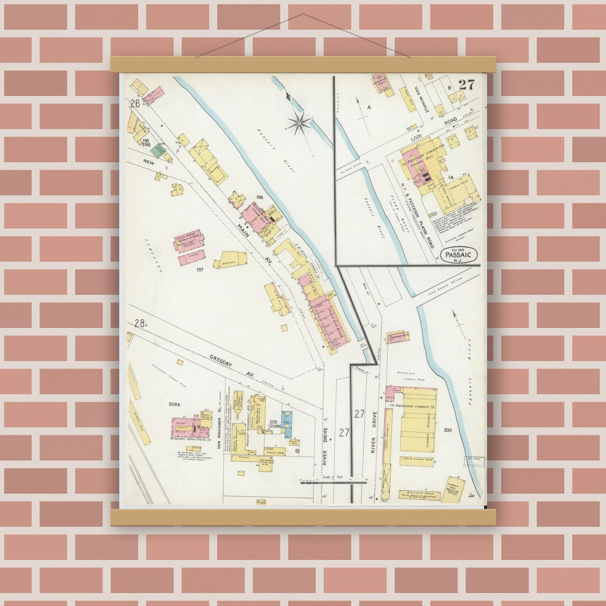 Old map wall art mockup — magnetic wood frame on brick wall — Sanborn Fire Insurance Map from Passaic, Passaic County, New Jersey (1903), Sheet #0027