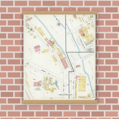 Old map wall art mockup — magnetic wood frame on brick wall — Sanborn Fire Insurance Map from Passaic, Passaic County, New Jersey (1903), Sheet #0027