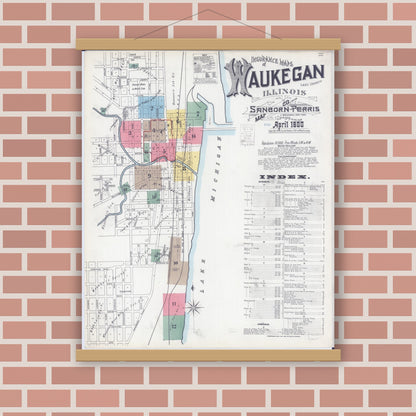 Old map wall art mockup — magnetic wood frame on brick wall — Sanborn Fire Insurance Map from Waukegan, Lake County, Illinois (1900) - Complete Map Set