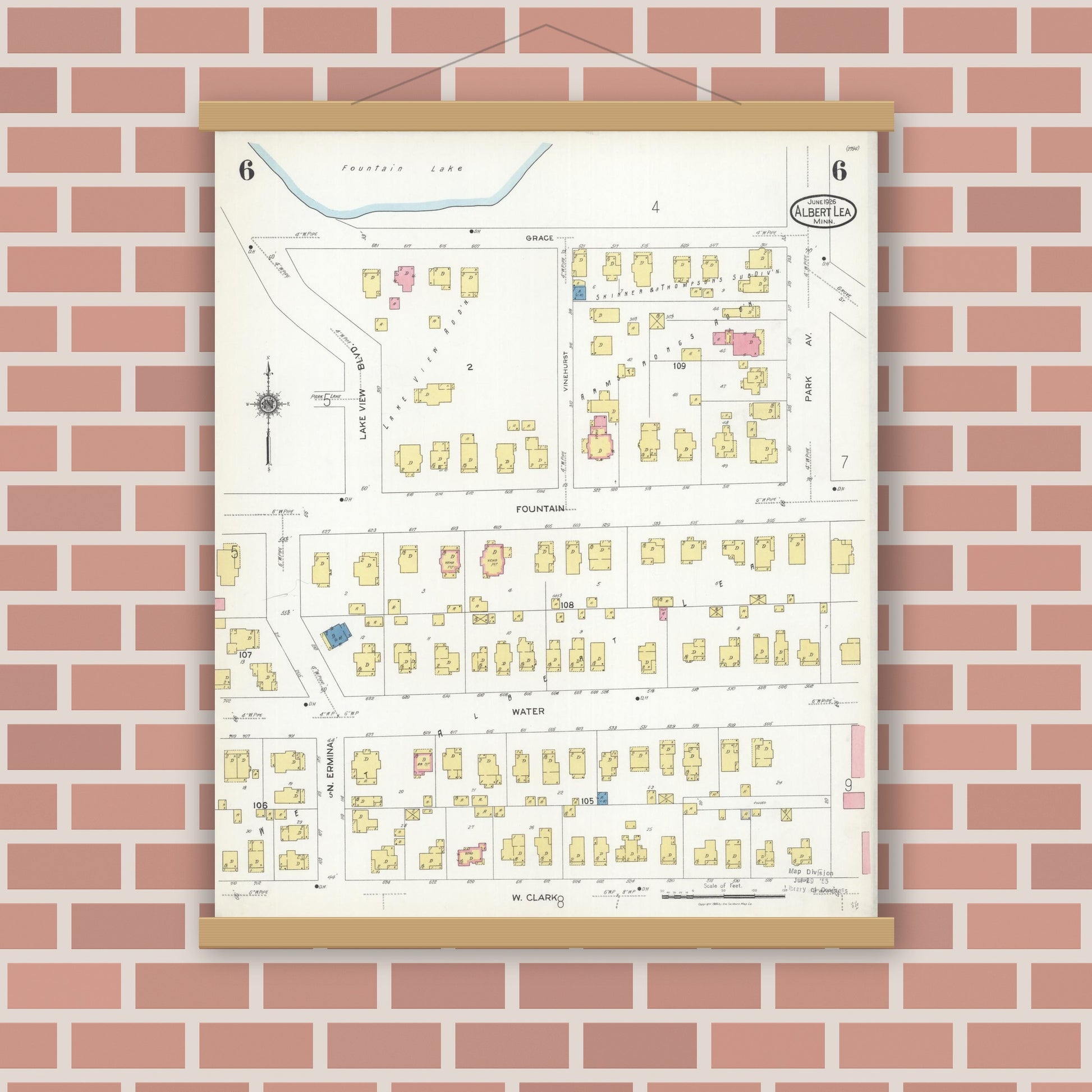 Old map wall art mockup — magnetic wood frame on brick wall — Sanborn Fire Insurance Map from Albert Lea, Freeborn County, Minnesota (1926), Sheet #0006