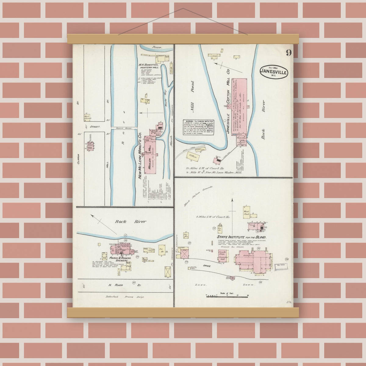 Old map wall art mockup — magnetic wood frame on brick wall — Sanborn Fire Insurance Map from Janesville, Rock County, Wisconsin (1884), Sheet #0009