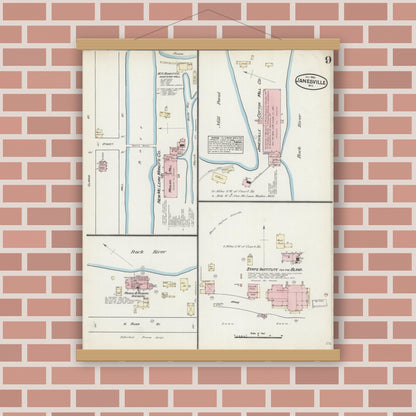 Old map wall art mockup — magnetic wood frame on brick wall — Sanborn Fire Insurance Map from Janesville, Rock County, Wisconsin (1884), Sheet #0009