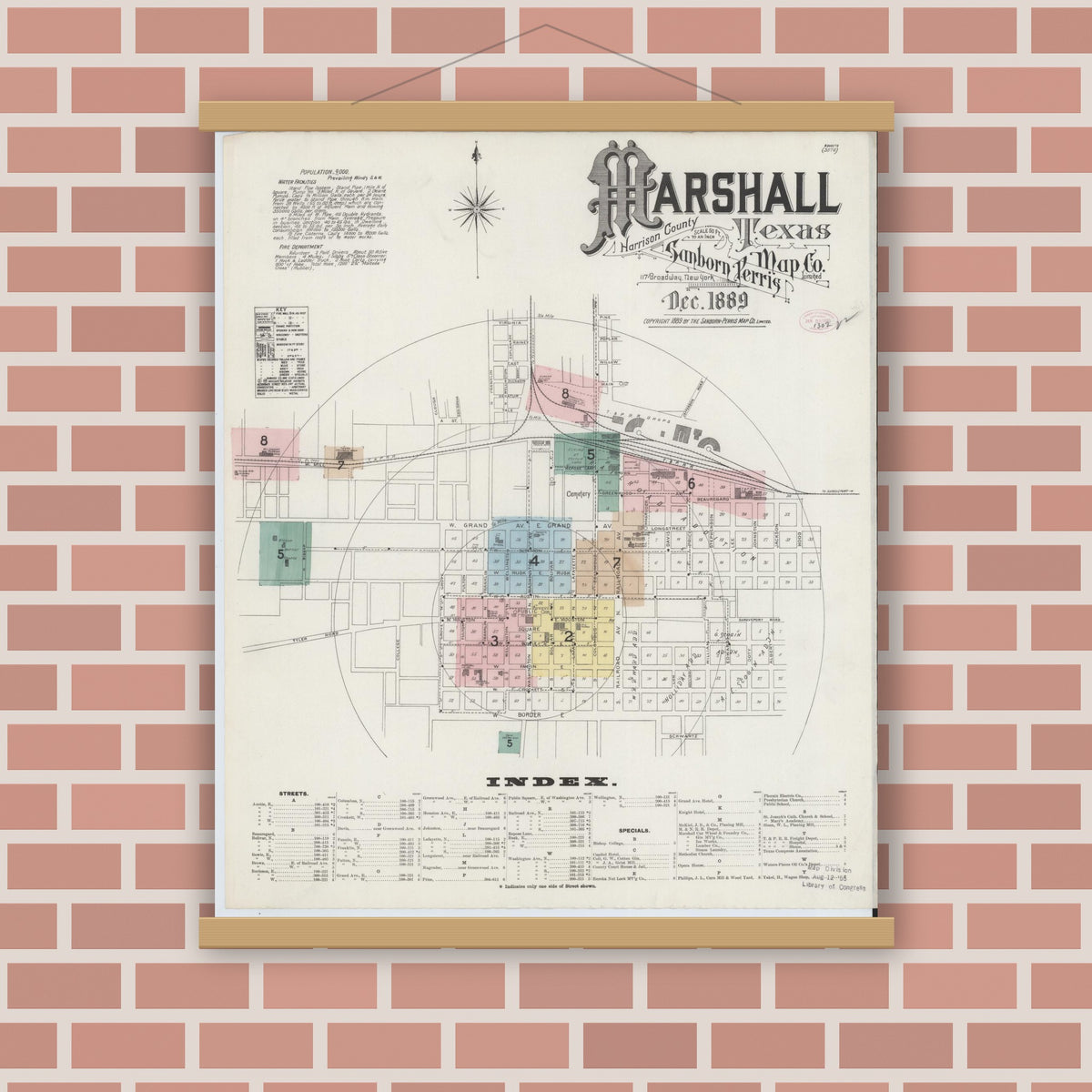 Old map wall art mockup — magnetic wood frame on brick wall — Sanborn Fire Insurance Map from Marshall, Harrison County, Texas (1889) - Complete Map Set