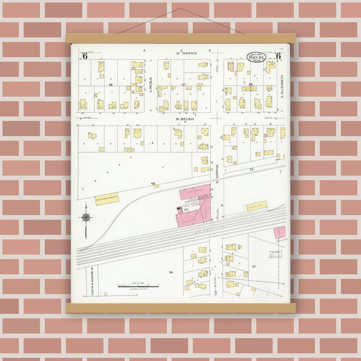 Old map wall art mockup — magnetic wood frame on brick wall — Sanborn Fire Insurance Map from Wayne, Wayne County, Michigan (1926), Sheet #0006