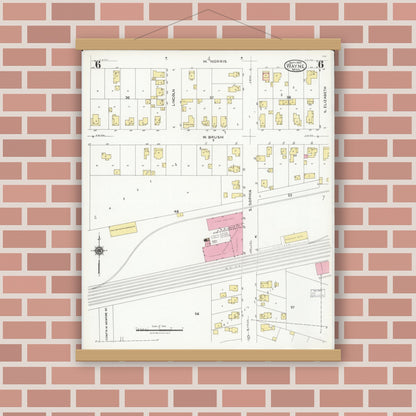 Old map wall art mockup — magnetic wood frame on brick wall — Sanborn Fire Insurance Map from Wayne, Wayne County, Michigan (1926), Sheet #0006