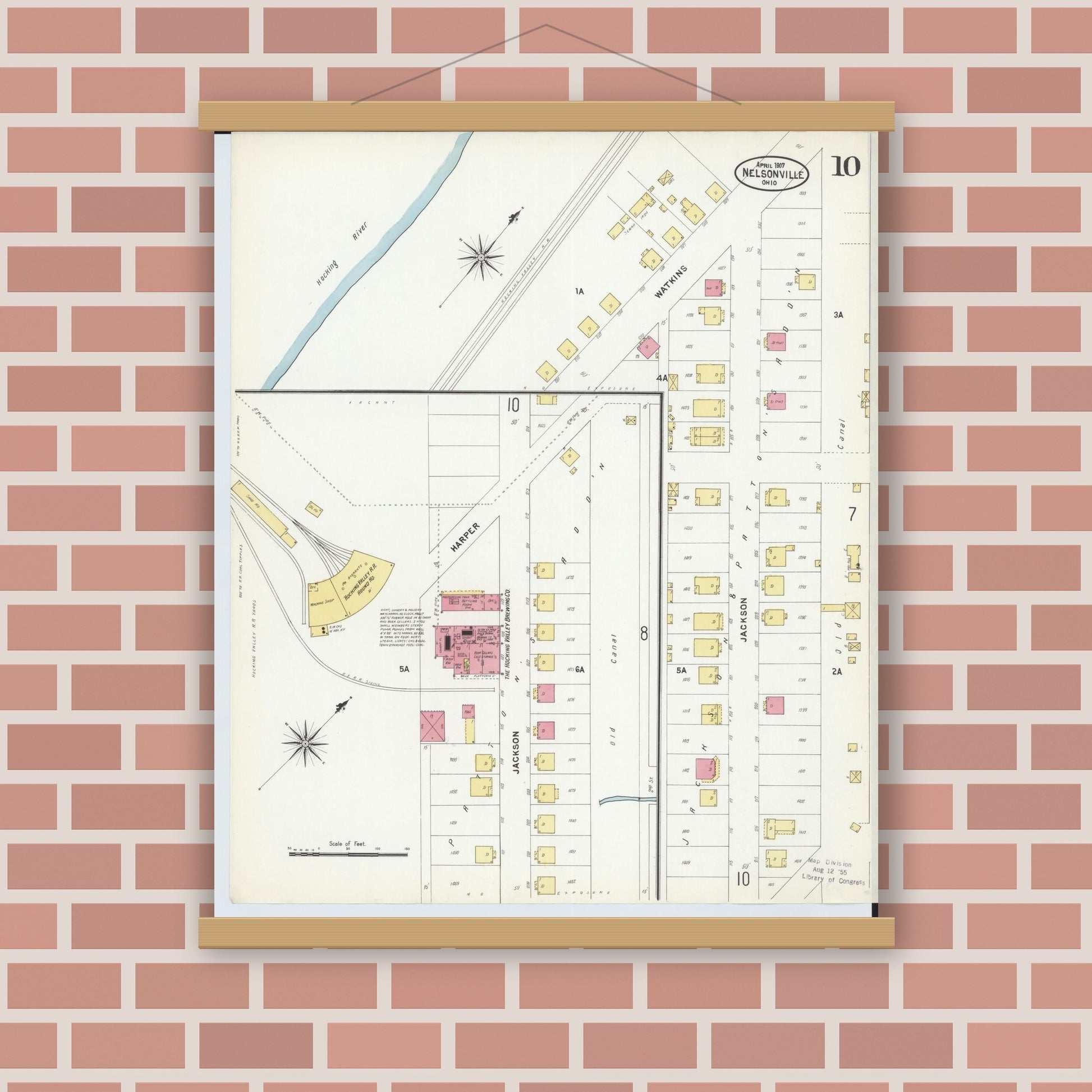 Old map wall art mockup — magnetic wood frame on brick wall — Sanborn Fire Insurance Map from Nelsonville, Athens County, Ohio (1907), Sheet #0010