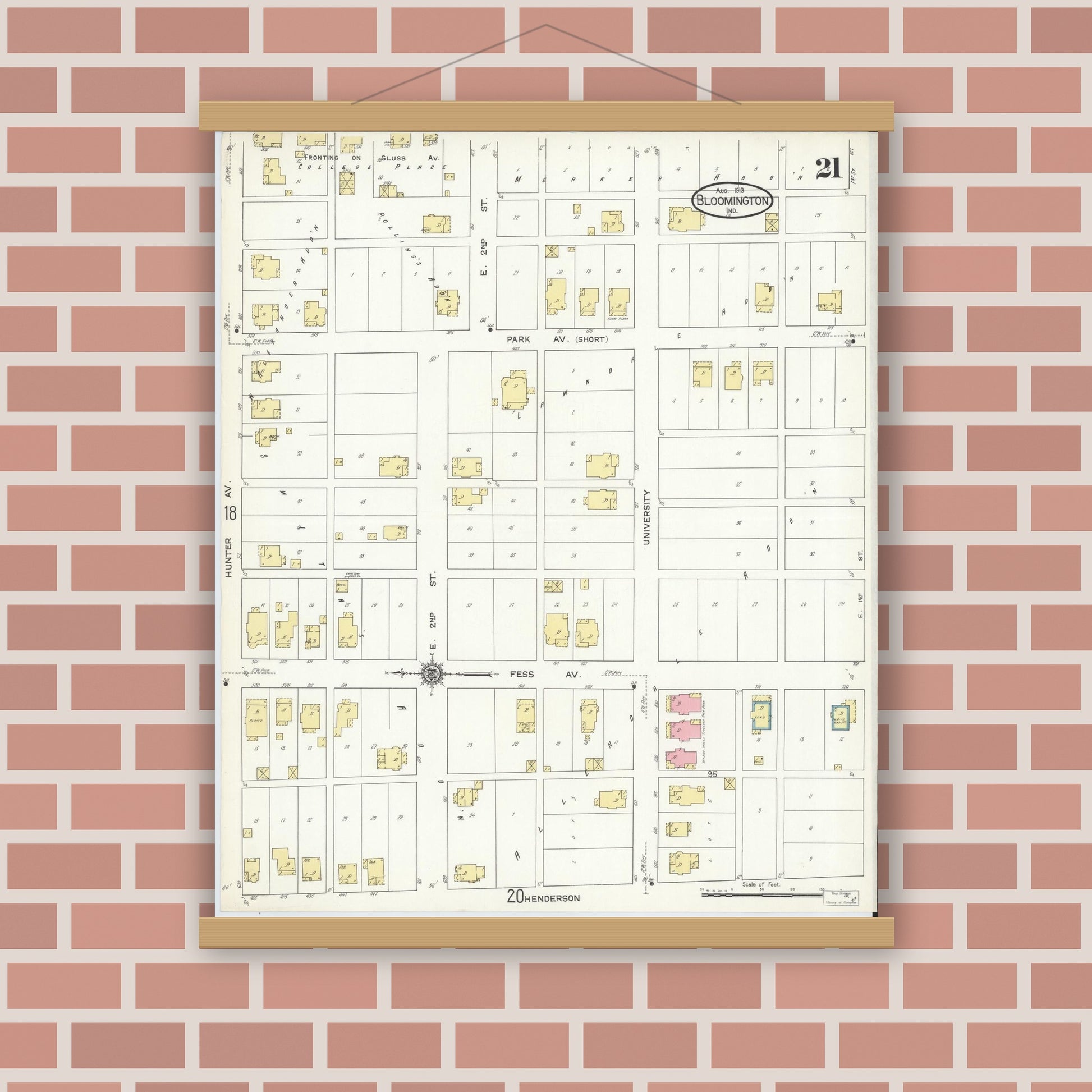 Old map wall art mockup — magnetic wood frame on brick wall — Sanborn Fire Insurance Map from Bloomington, Monroe County, Indiana (1913), Sheet #0021