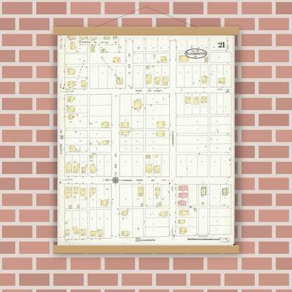 Old map wall art mockup — magnetic wood frame on brick wall — Sanborn Fire Insurance Map from Bloomington, Monroe County, Indiana (1913), Sheet #0021