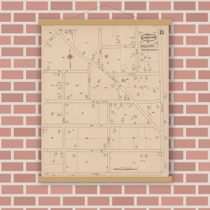 Old map wall art mockup — magnetic wood frame on brick wall — Sanborn Fire Insurance Map from Leaksville-spray, Rockingham County, North Carolina (1921), Sheet #0015