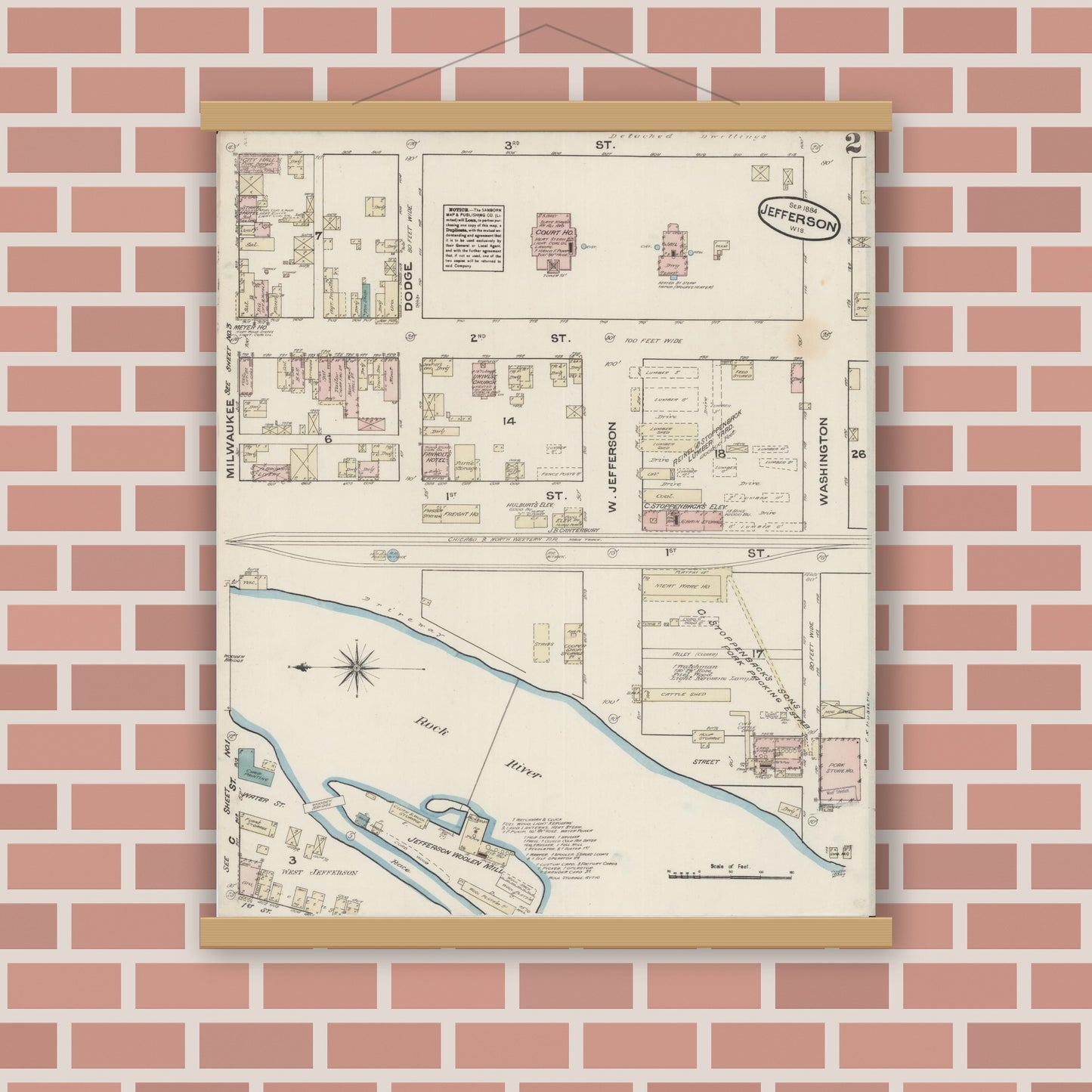 Old map wall art mockup — magnetic wood frame on brick wall — Sanborn Fire Insurance Map from Jefferson, Jefferson County, Wisconsin (1884), Sheet #0002