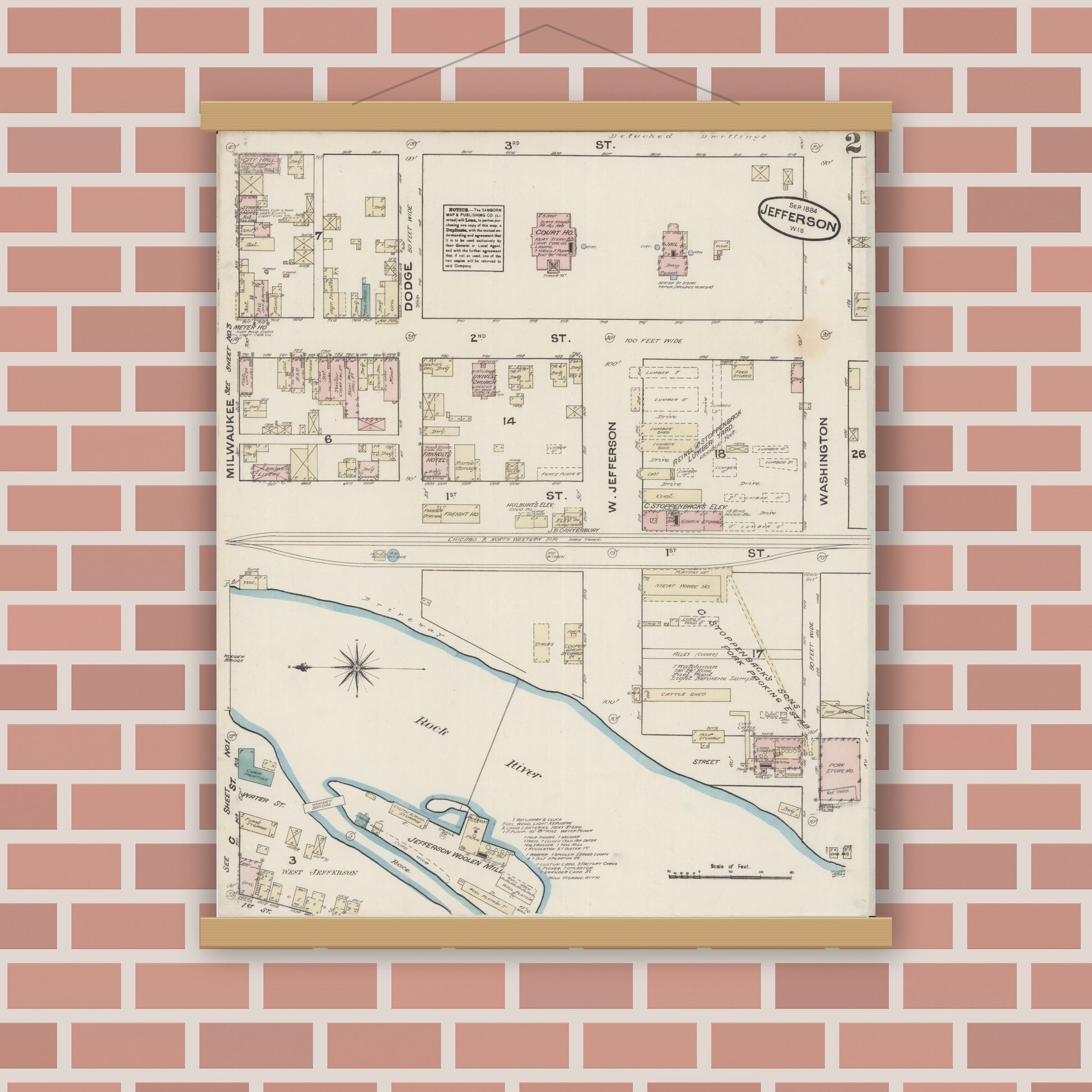 Old map wall art mockup — magnetic wood frame on brick wall — Sanborn Fire Insurance Map from Jefferson, Jefferson County, Wisconsin (1884), Sheet #0002