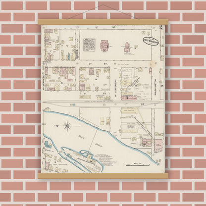 Old map wall art mockup — magnetic wood frame on brick wall — Sanborn Fire Insurance Map from Jefferson, Jefferson County, Wisconsin (1884), Sheet #0002