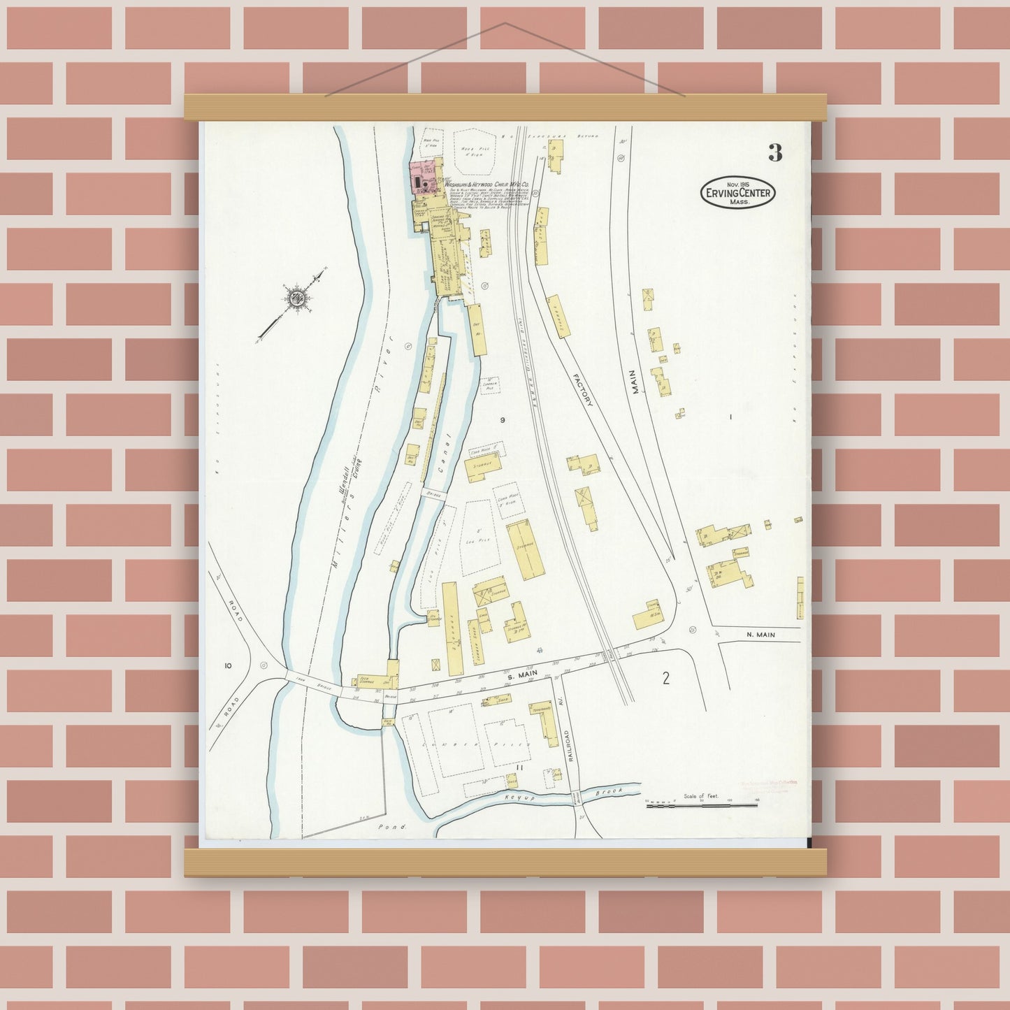 Old map wall art mockup — magnetic wood frame on brick wall — Sanborn Fire Insurance Map from Erving Center, Franklin County, Massachusetts (1915), Sheet #0003