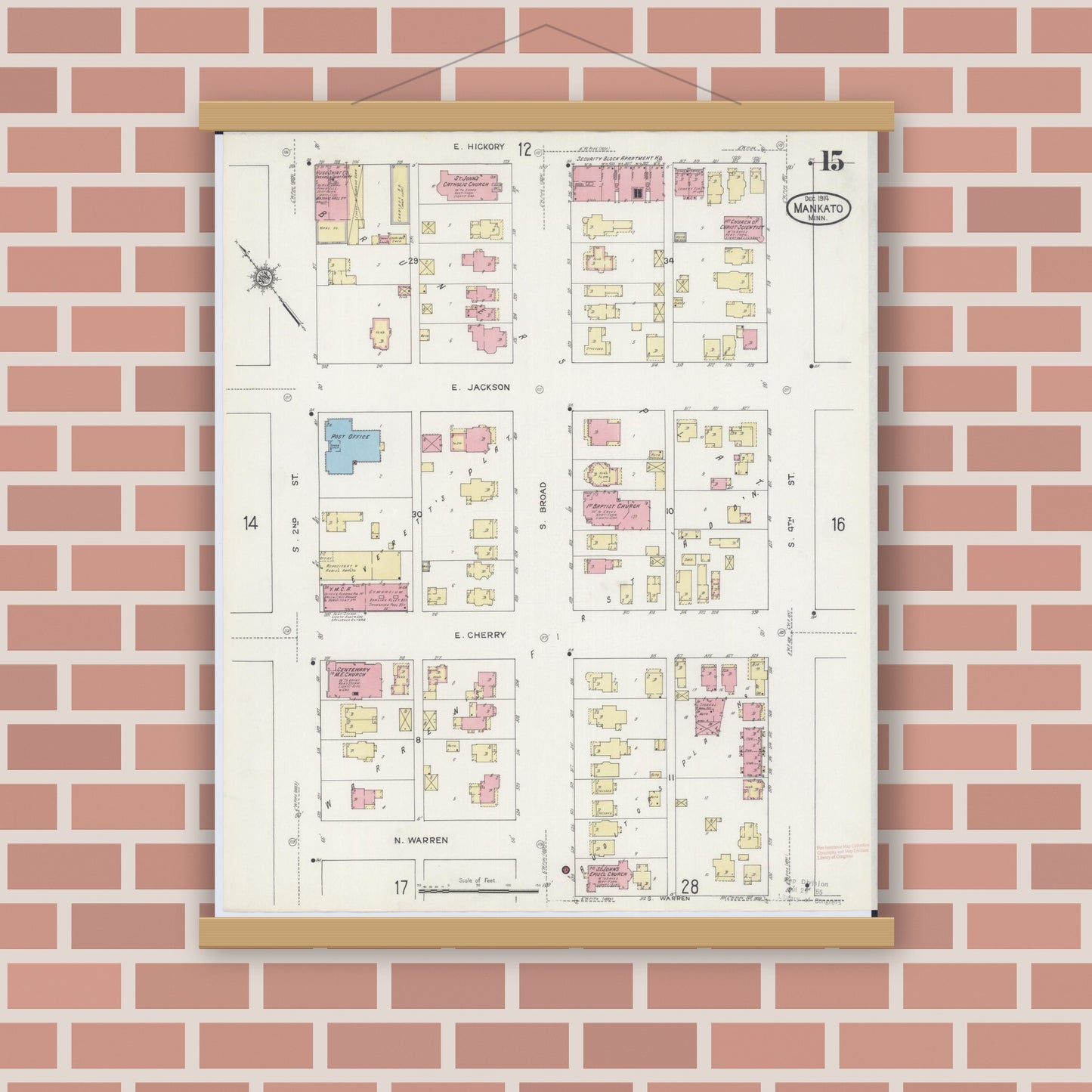 Old map wall art mockup — magnetic wood frame on brick wall — Sanborn Fire Insurance Map from Mankato, Blue Earth County, Minnesota (1914), Sheet #0015