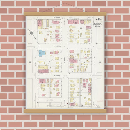 Old map wall art mockup — magnetic wood frame on brick wall — Sanborn Fire Insurance Map from Mankato, Blue Earth County, Minnesota (1914), Sheet #0015