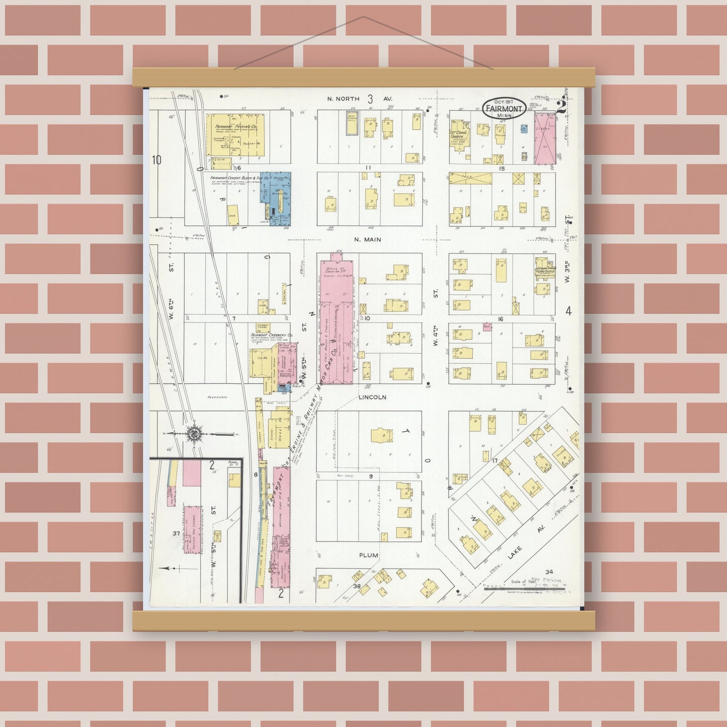 Old map wall art mockup — magnetic wood frame on brick wall — Sanborn Fire Insurance Map from Fairmont, Martin County, Minnesota (1917), Sheet #0002