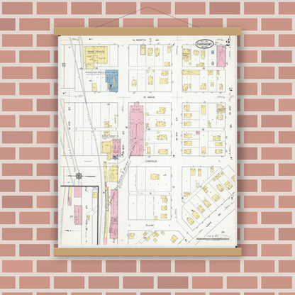 Old map wall art mockup — magnetic wood frame on brick wall — Sanborn Fire Insurance Map from Fairmont, Martin County, Minnesota (1917), Sheet #0002