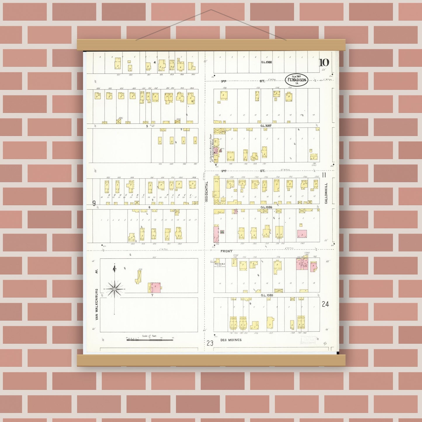 Old map wall art mockup — magnetic wood frame on brick wall — Sanborn Fire Insurance Map from Fort Madison, Lee County, Iowa (1907), Sheet #0010