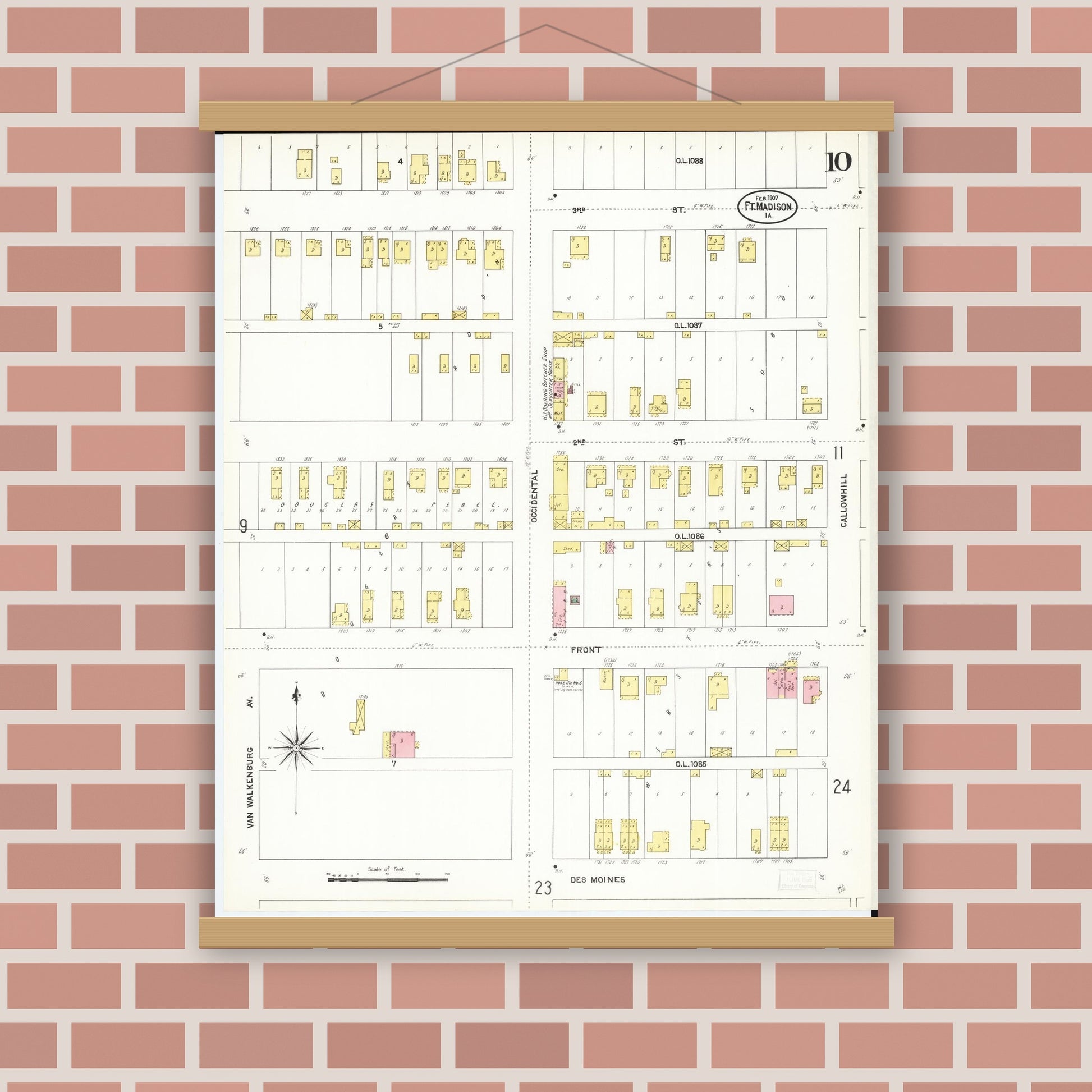 Old map wall art mockup — magnetic wood frame on brick wall — Sanborn Fire Insurance Map from Fort Madison, Lee County, Iowa (1907), Sheet #0010
