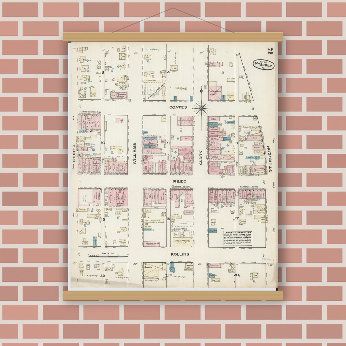 Old map wall art mockup — magnetic wood frame on brick wall — Sanborn Fire Insurance Map from Moberly, Randolph County, Missouri (1884), Sheet #0002