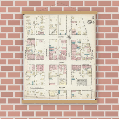Old map wall art mockup — magnetic wood frame on brick wall — Sanborn Fire Insurance Map from Moberly, Randolph County, Missouri (1884), Sheet #0002