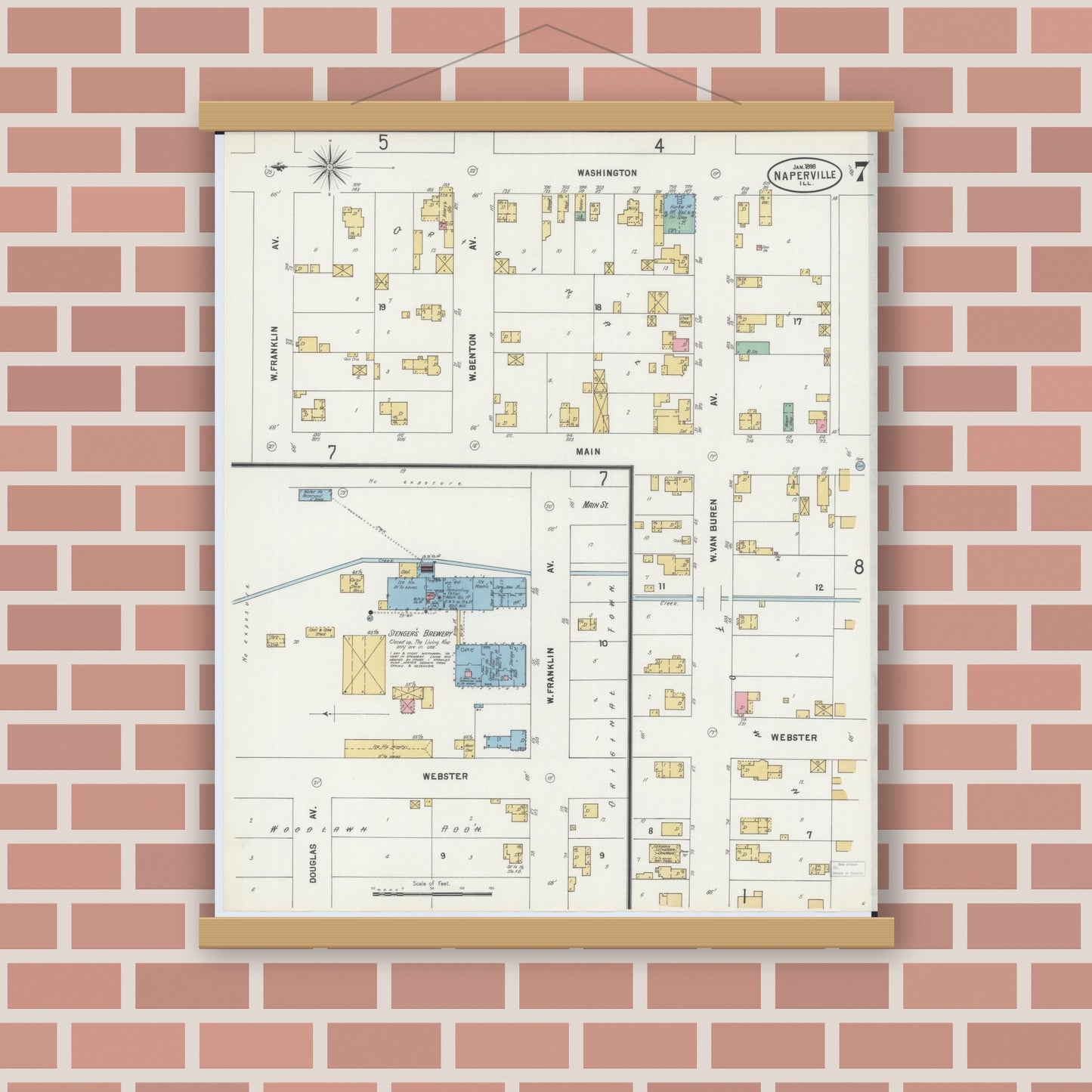 Old map wall art mockup — magnetic wood frame on brick wall — Sanborn Fire Insurance Map from Naperville, Du Page County, Illinois (1898), Sheet #0007