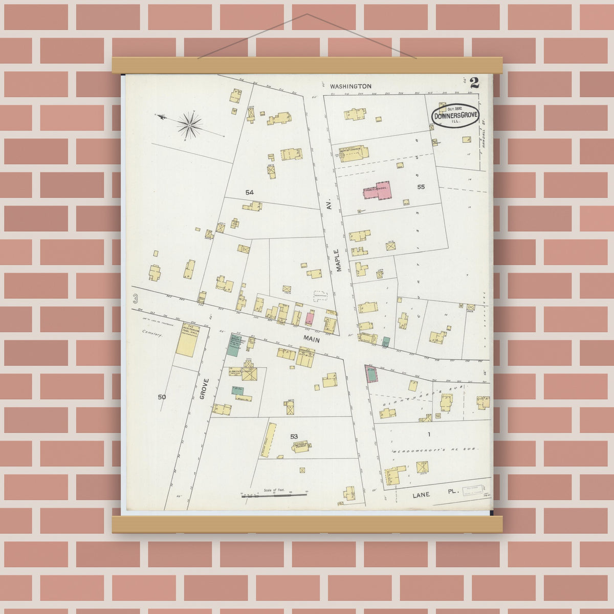 Old map wall art mockup — magnetic wood frame on brick wall — Sanborn Fire Insurance Map from Downers Grove, Dupage County, Illinois (1892), Sheet #0002