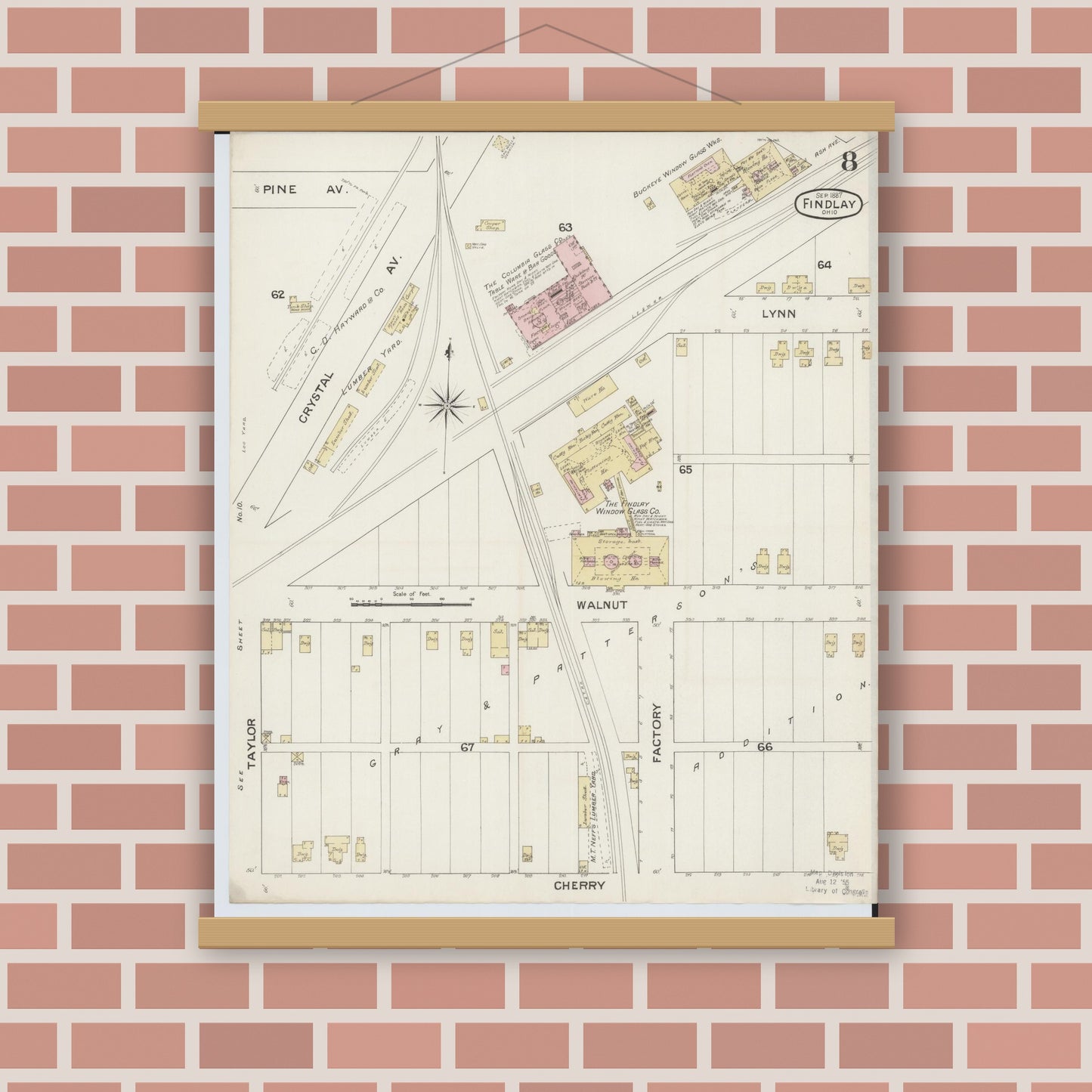 Old map wall art mockup — magnetic wood frame on brick wall — Sanborn Fire Insurance Map from Findlay, Hancock County, Ohio (1887), Sheet #0008