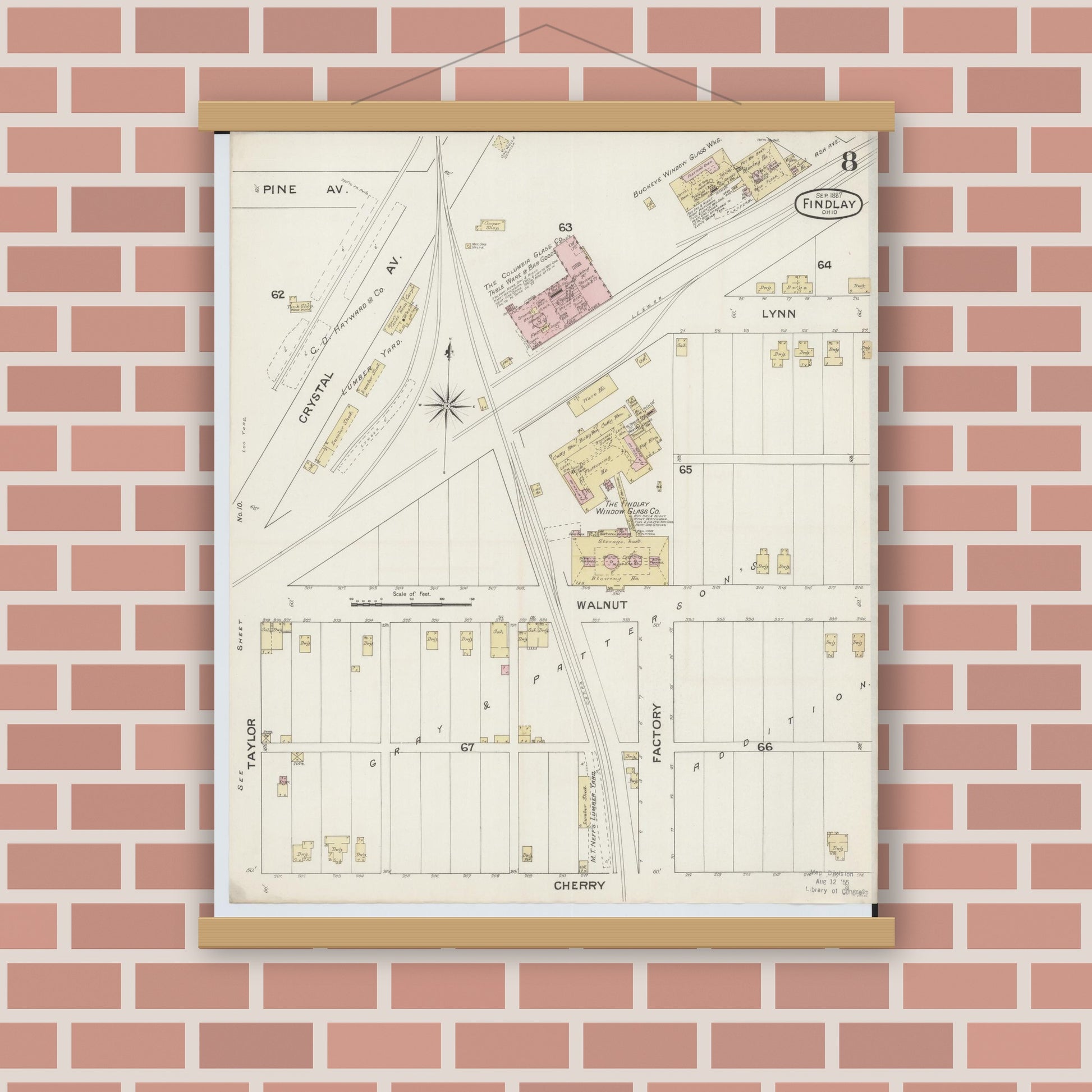 Old map wall art mockup — magnetic wood frame on brick wall — Sanborn Fire Insurance Map from Findlay, Hancock County, Ohio (1887), Sheet #0008