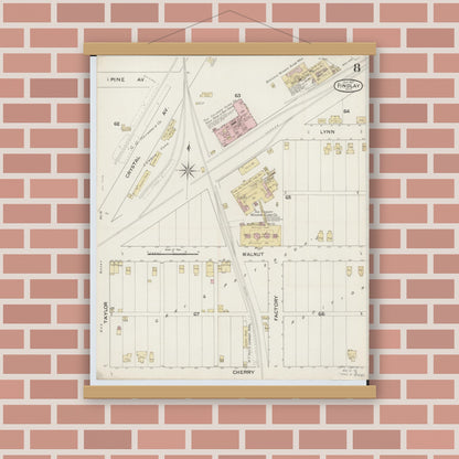 Old map wall art mockup — magnetic wood frame on brick wall — Sanborn Fire Insurance Map from Findlay, Hancock County, Ohio (1887), Sheet #0008