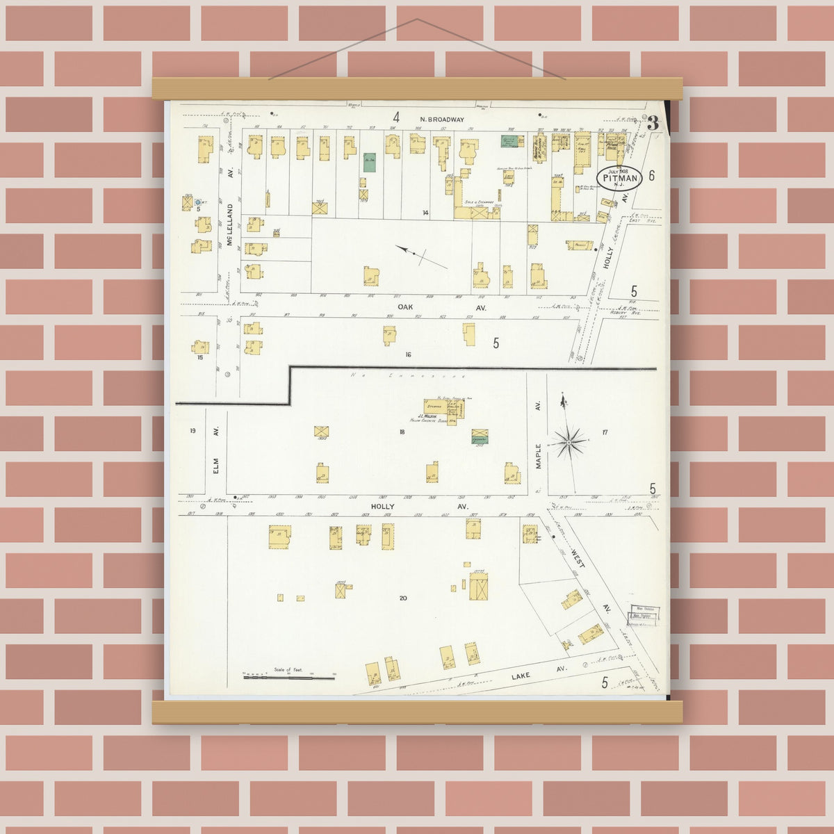 Old map wall art mockup — magnetic wood frame on brick wall — Sanborn Fire Insurance Map from Pitman, Gloucester County, New Jersey (1908), Sheet #0003