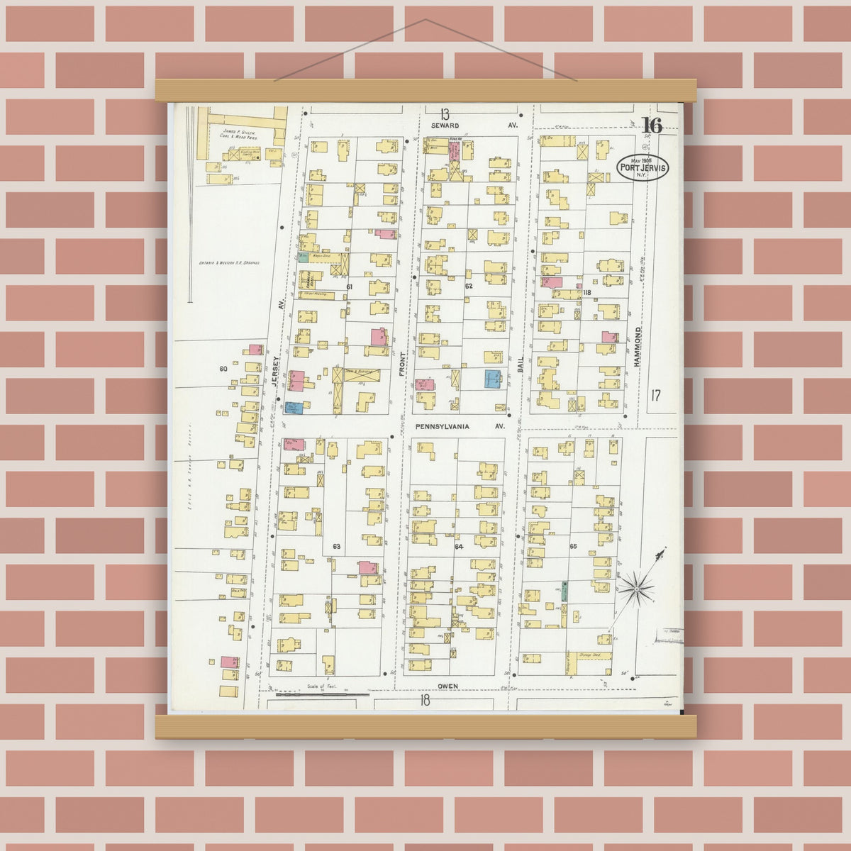 Old map wall art mockup — magnetic wood frame on brick wall — Sanborn Fire Insurance Map from Port Jervis, Orange County, New York (1905), Sheet #0016