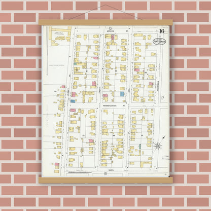 Old map wall art mockup — magnetic wood frame on brick wall — Sanborn Fire Insurance Map from Port Jervis, Orange County, New York (1905), Sheet #0016