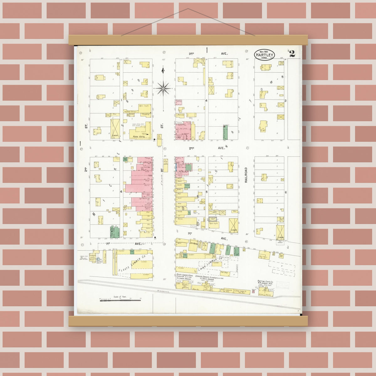 Old map wall art mockup — magnetic wood frame on brick wall — Sanborn Fire Insurance Map from Hartley, O'Brien County, Iowa (1901), Sheet #0002