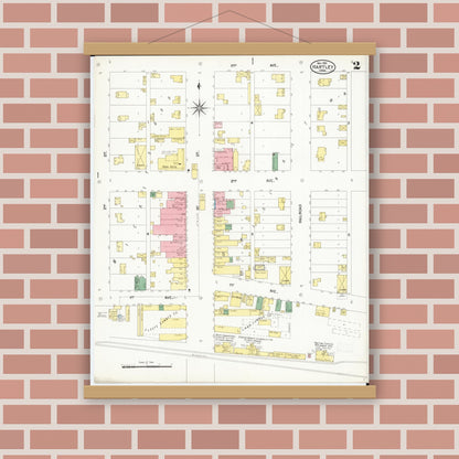Old map wall art mockup — magnetic wood frame on brick wall — Sanborn Fire Insurance Map from Hartley, O'Brien County, Iowa (1901), Sheet #0002