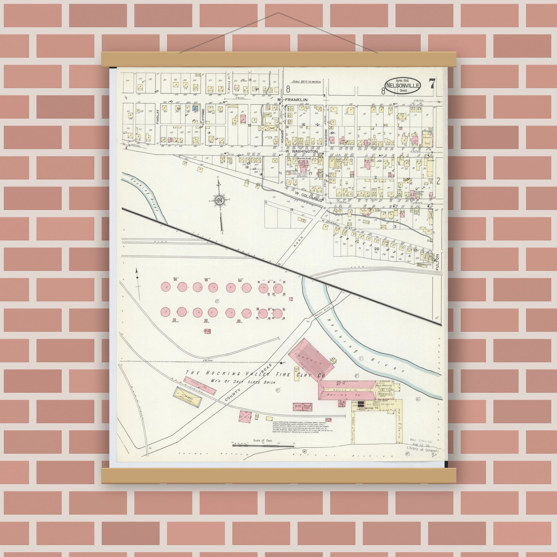 Old map wall art mockup — magnetic wood frame on brick wall — Sanborn Fire Insurance Map from Nelsonville, Athens County, Ohio (1914), Sheet #0007
