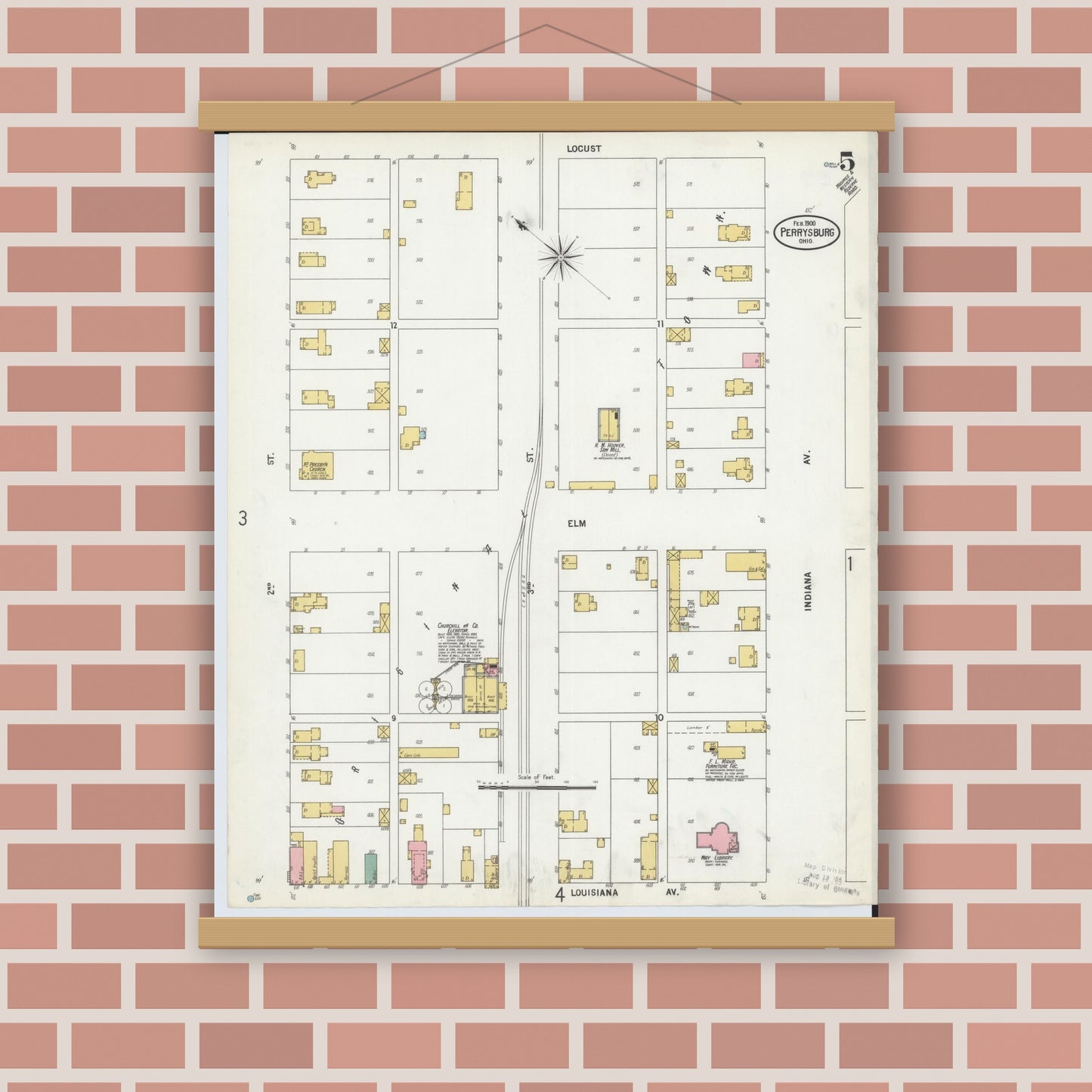 Old map wall art mockup — magnetic wood frame on brick wall — Sanborn Fire Insurance Map from Perrysburg, Wood County, Ohio (1900), Sheet #0005