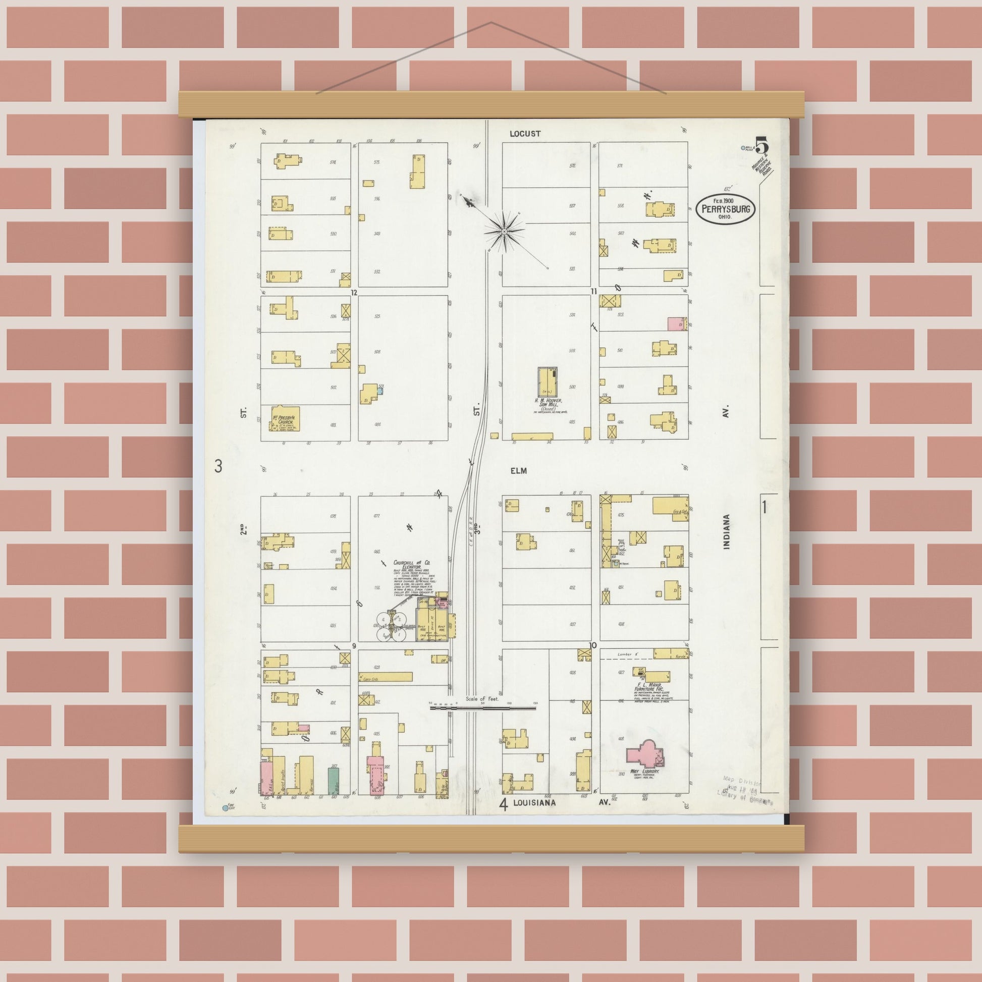 Old map wall art mockup — magnetic wood frame on brick wall — Sanborn Fire Insurance Map from Perrysburg, Wood County, Ohio (1900), Sheet #0005
